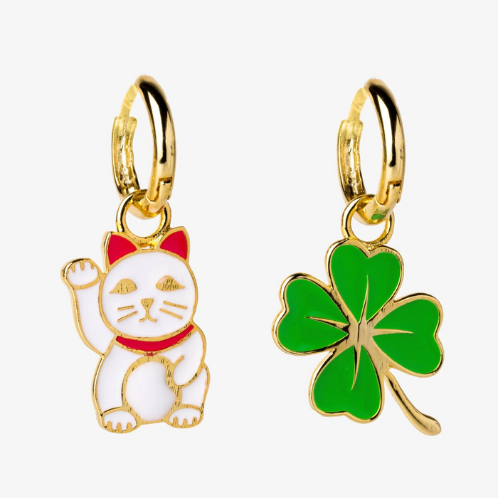 Lucky Cat & Clover Hoop Earrings