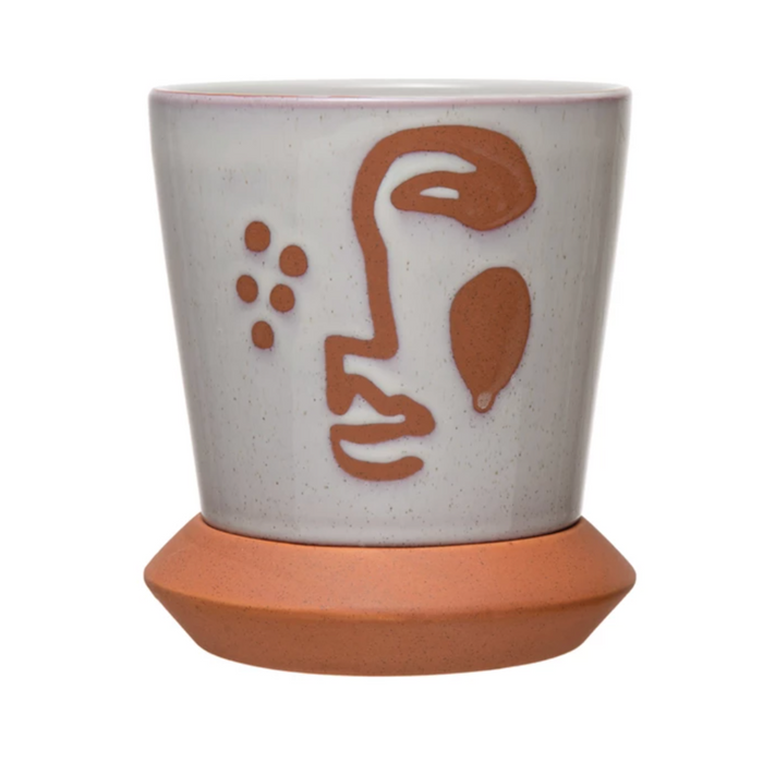 Stoneware Planter with Face and Saucer