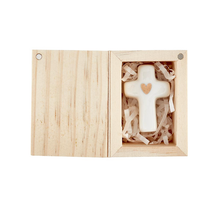 Ceramic Figurine Pine Wood Box - Cross