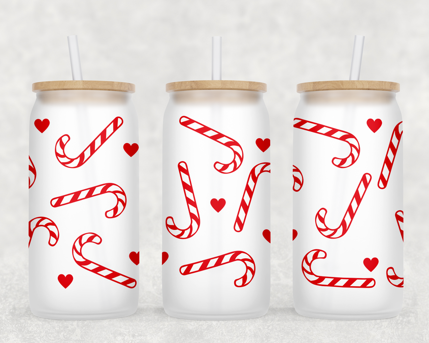 Candy Cane Hearts Frosted Can Glass with Lid + Straw