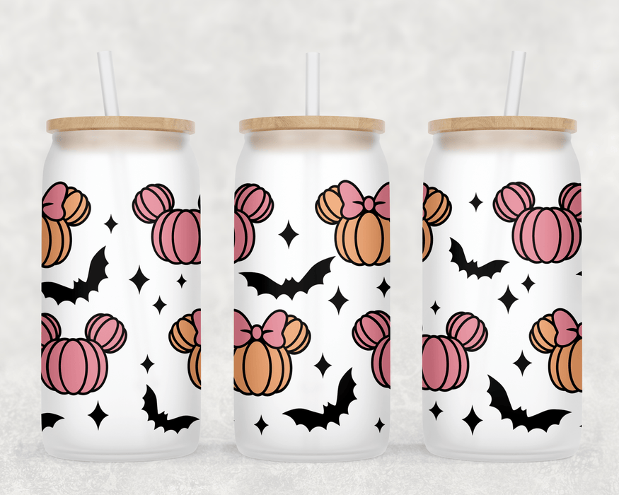 JOYSMITH TUMBLERS Pink Pumpkins Frosted Can Glass with Lid + Straw