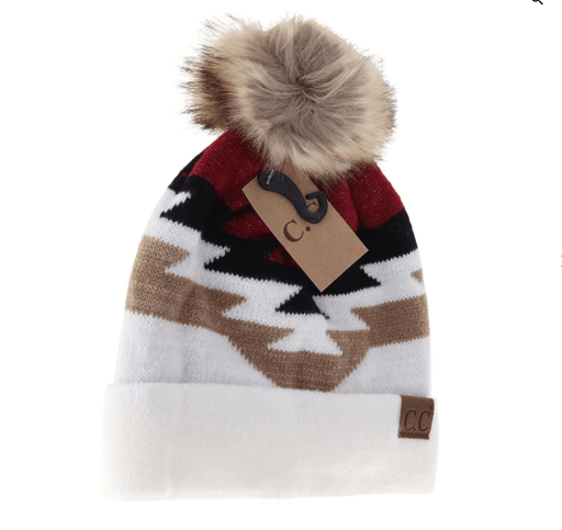 LF ACCESSORIES BEANIES Ivory Aztec Natural Faux Fur Pom C.C Beanie