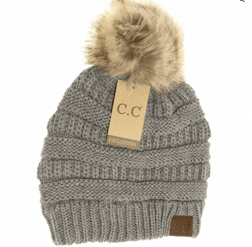 LF ACCESSORIES BEANIES Melange Gray Mixed Soft Yarn Natural Pom Beanie