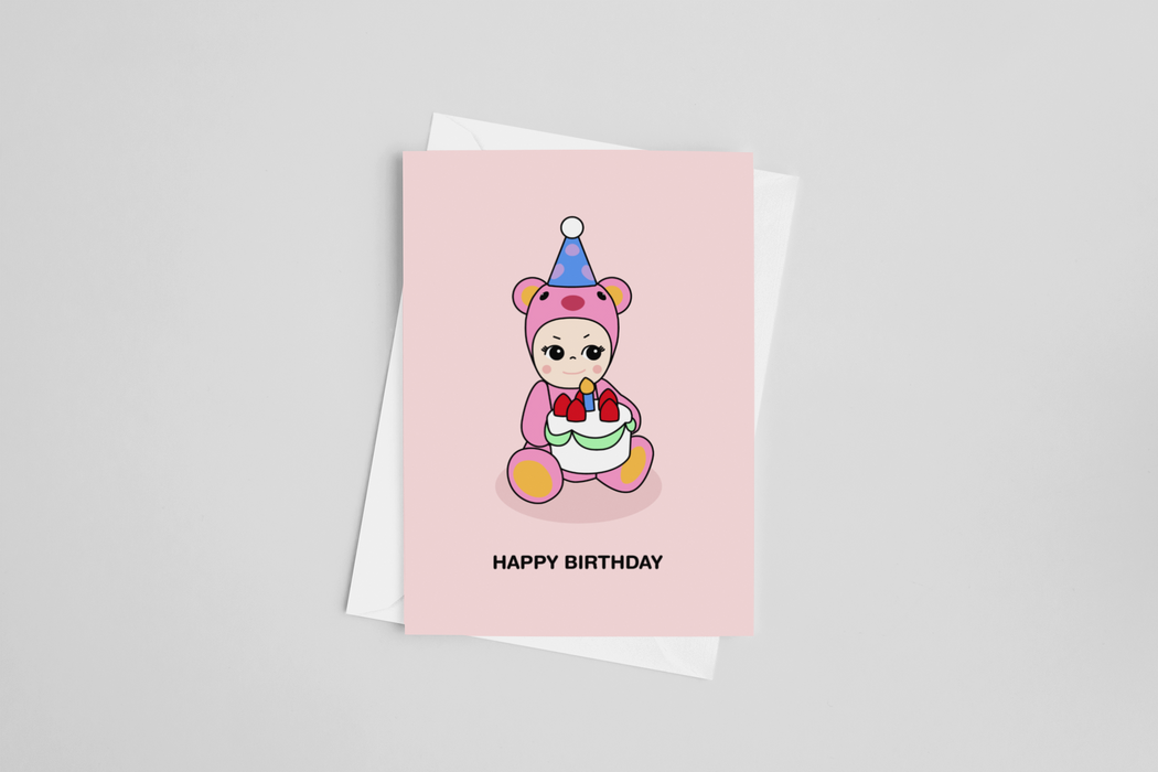 Angel Baby Pink Bear Birthday Greeting Card