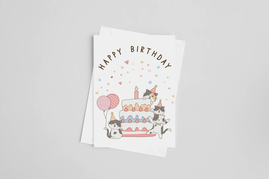 Happy Birthday Cake and Cats Greeting Card