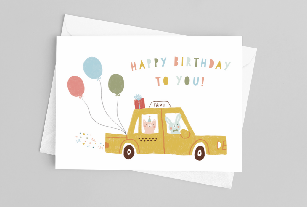 Taxi Balloon Birthday Greeting Card