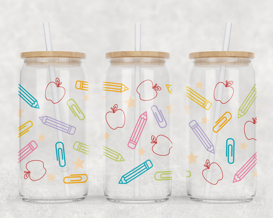 Teacher's Stationary Clear Can Glass with Lid + Straw